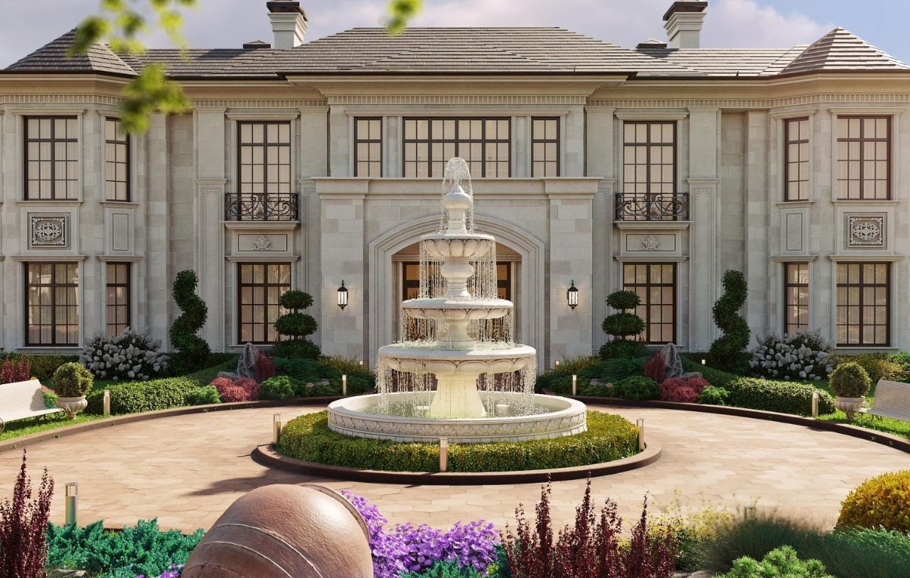 Foto original de la fachada de una casa grande con una fuente