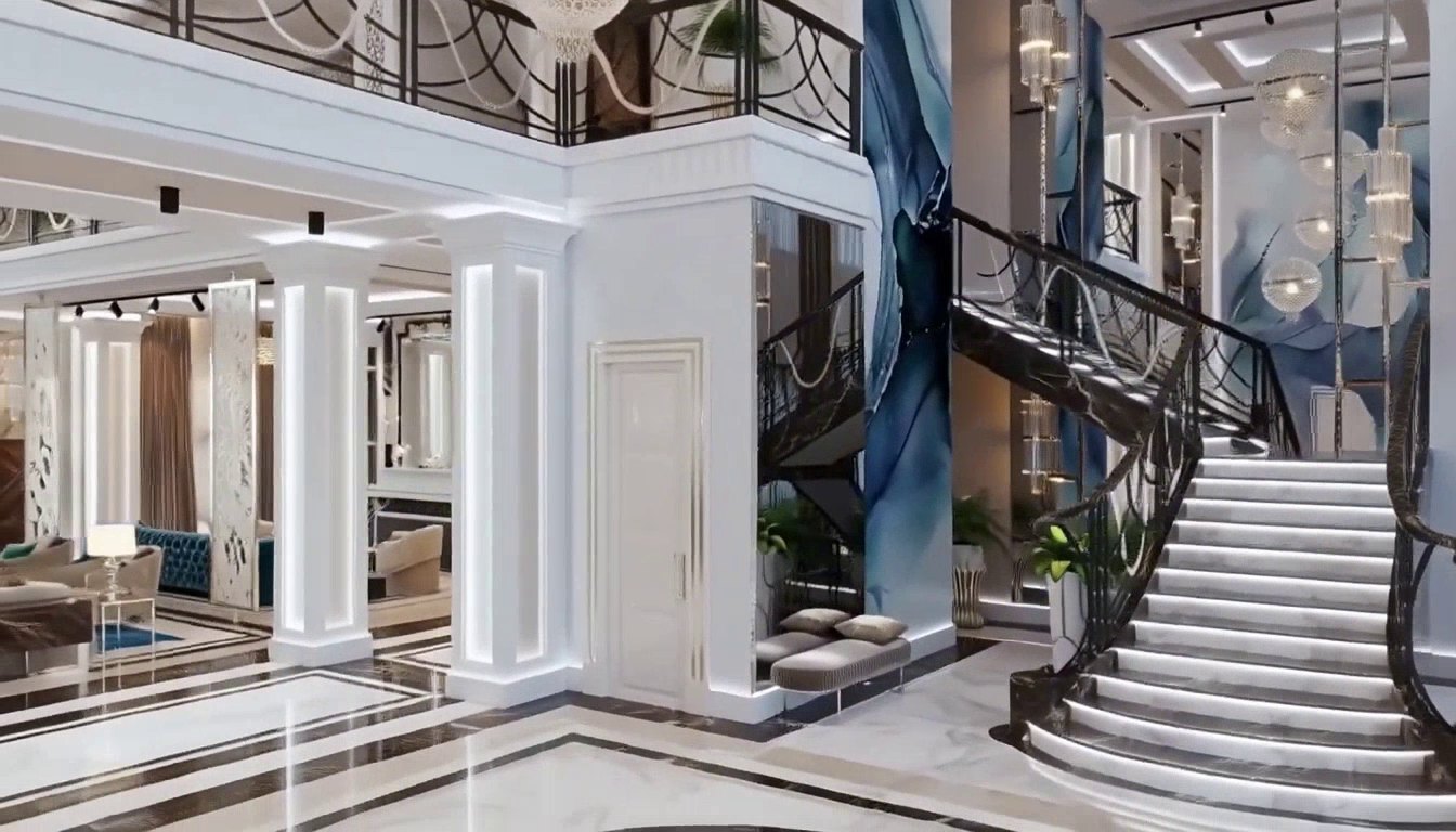 Connected spaces: the entrance hall and the staircase Frame from a listing video moving from the entrance hall toward a curved staircase