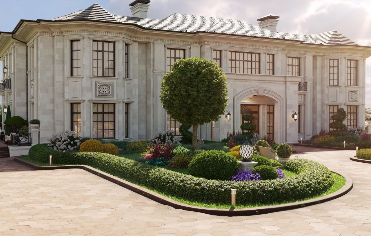 Source photo: the front entrance Source photo of the front of a large house with a garden and an entrance